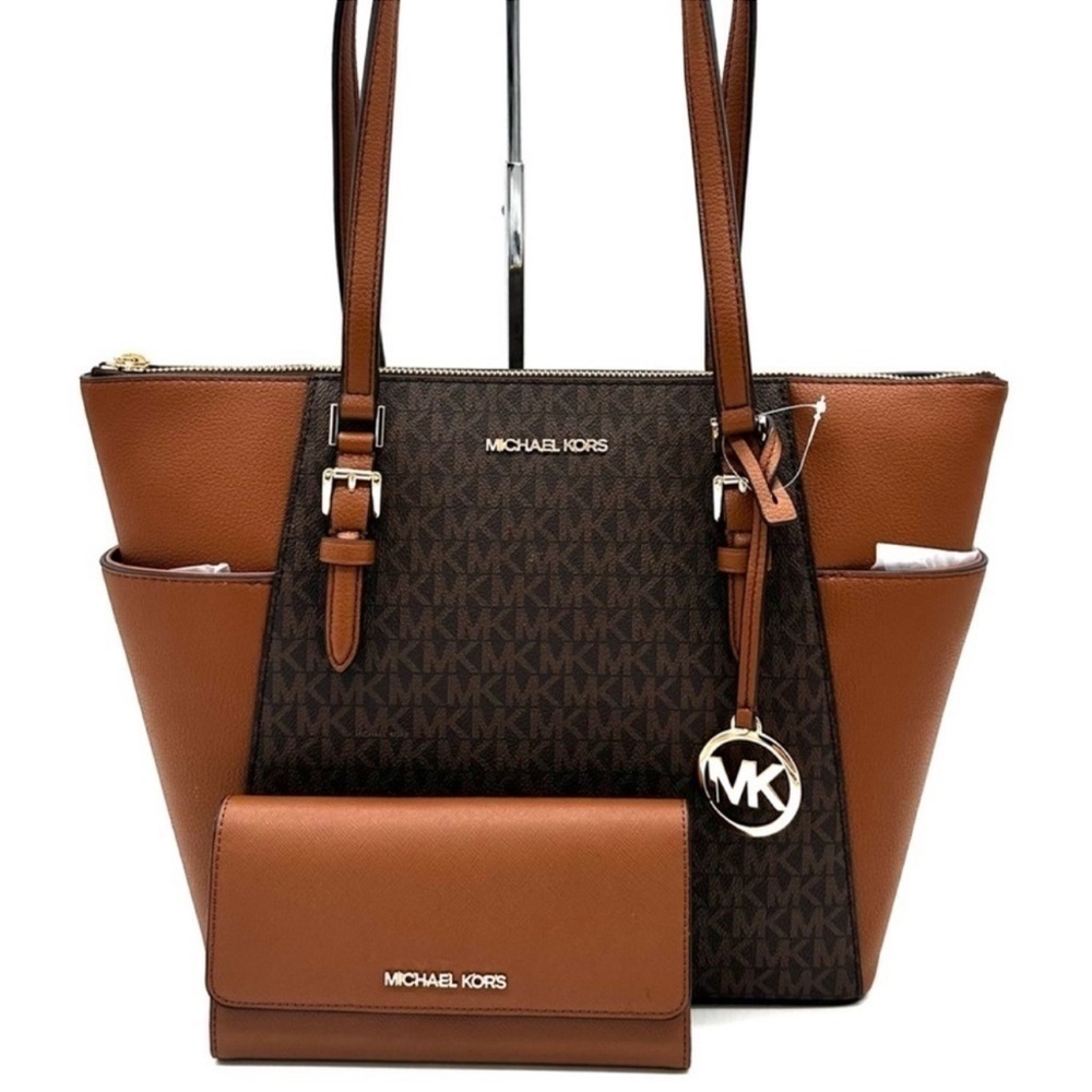 Michael Kors Large Charlotte Tote Bag & Trifold Wallet Brown - Picture 2 of 14
